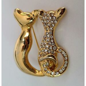 Double Cat Pave Clear Rhinestone Brooch Pin Gold Tone‎